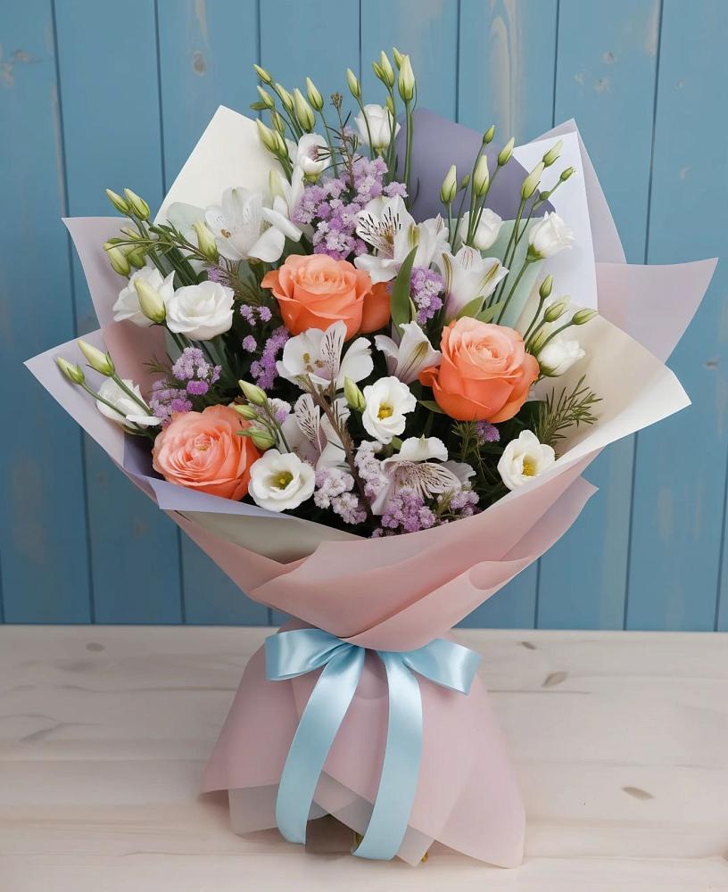 Букет цветов из: Лизиантусы, Розы, Альстромерии и Гипсофила в Кагальницкой